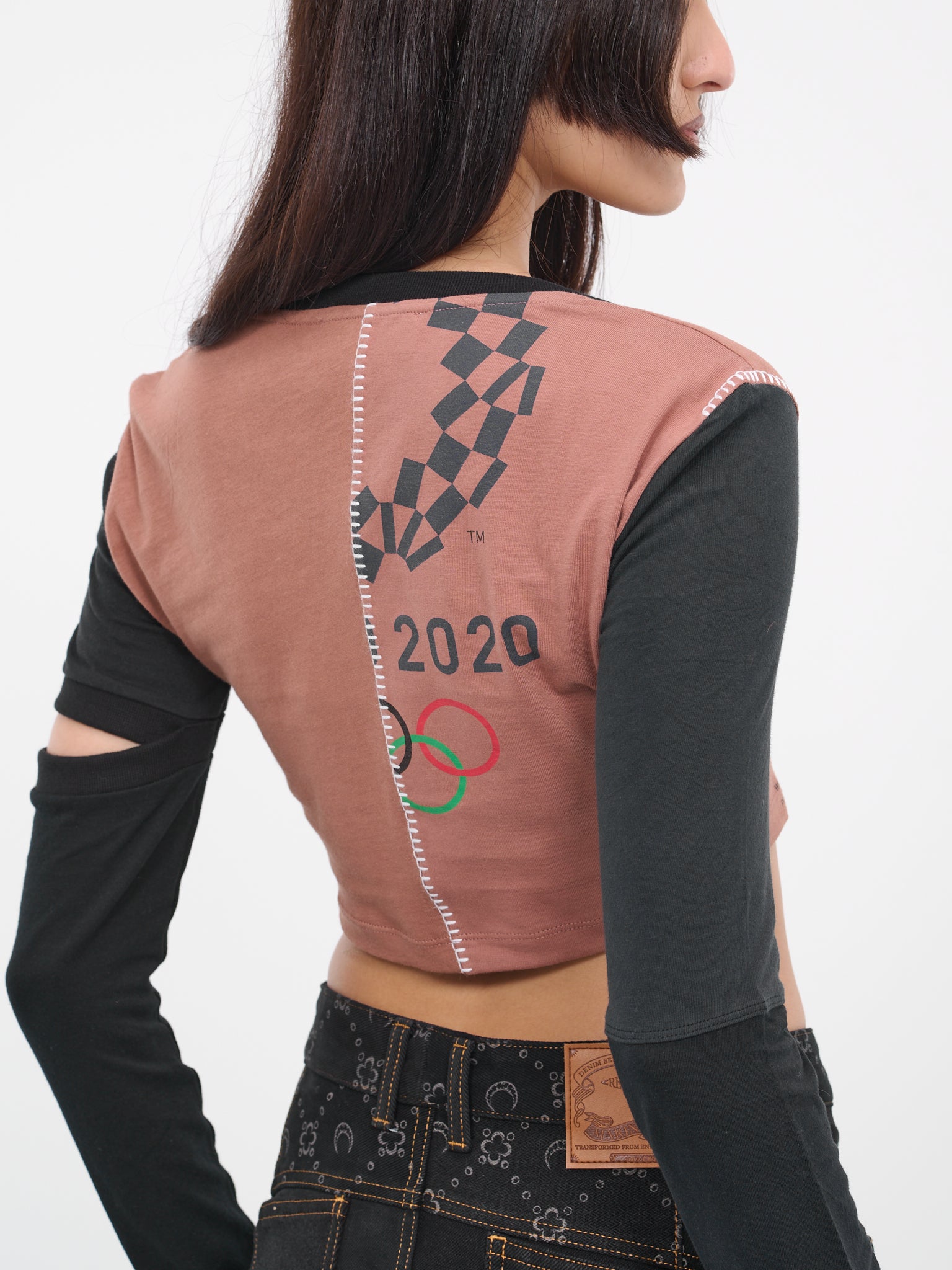 Regenerated Patchwork Crop Tee (WTO055-UJER0003-BR51-BROWN-MUL)