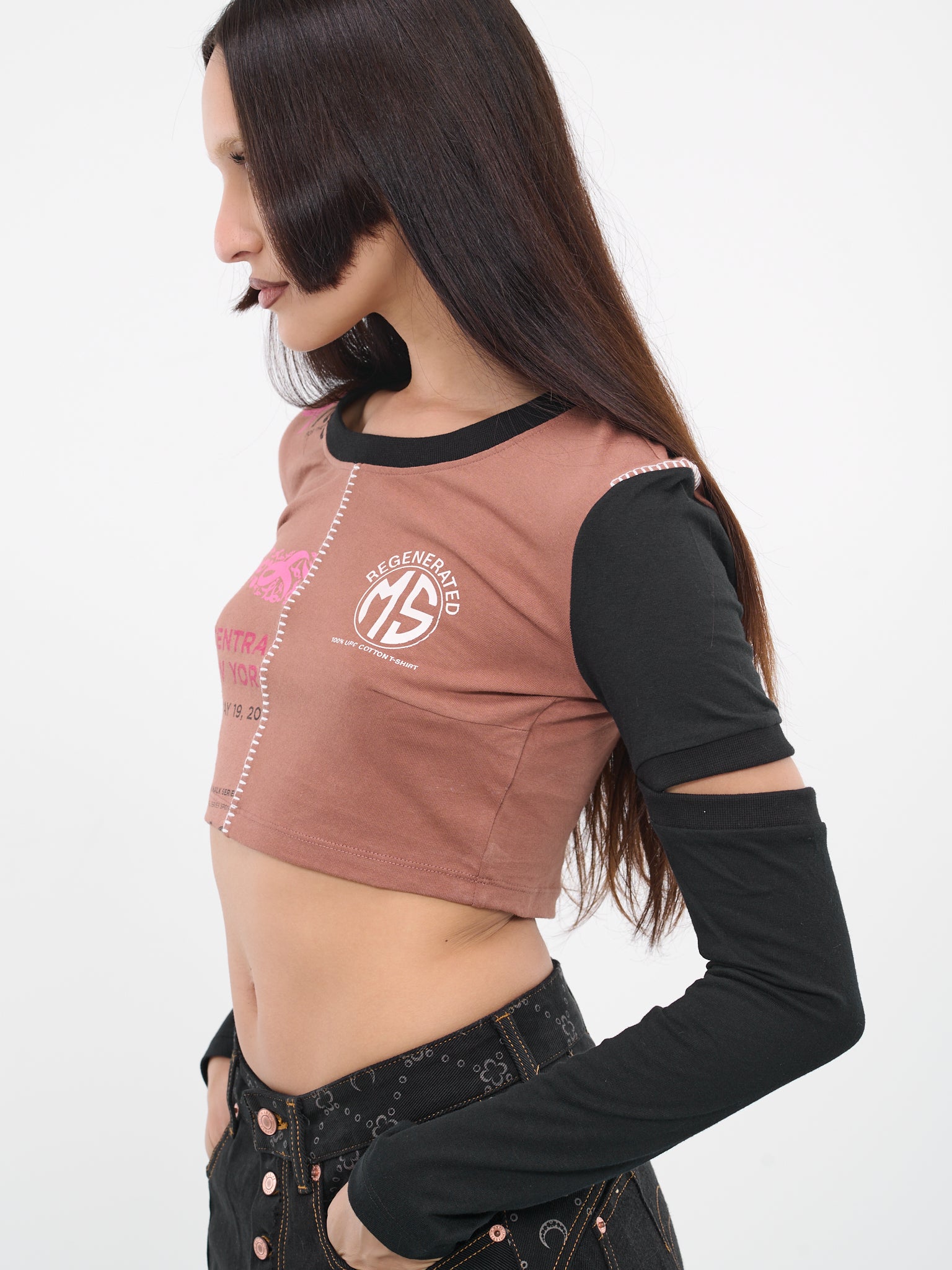 Regenerated Patchwork Crop Tee (WTO055-UJER0003-BR51-BROWN-MUL)