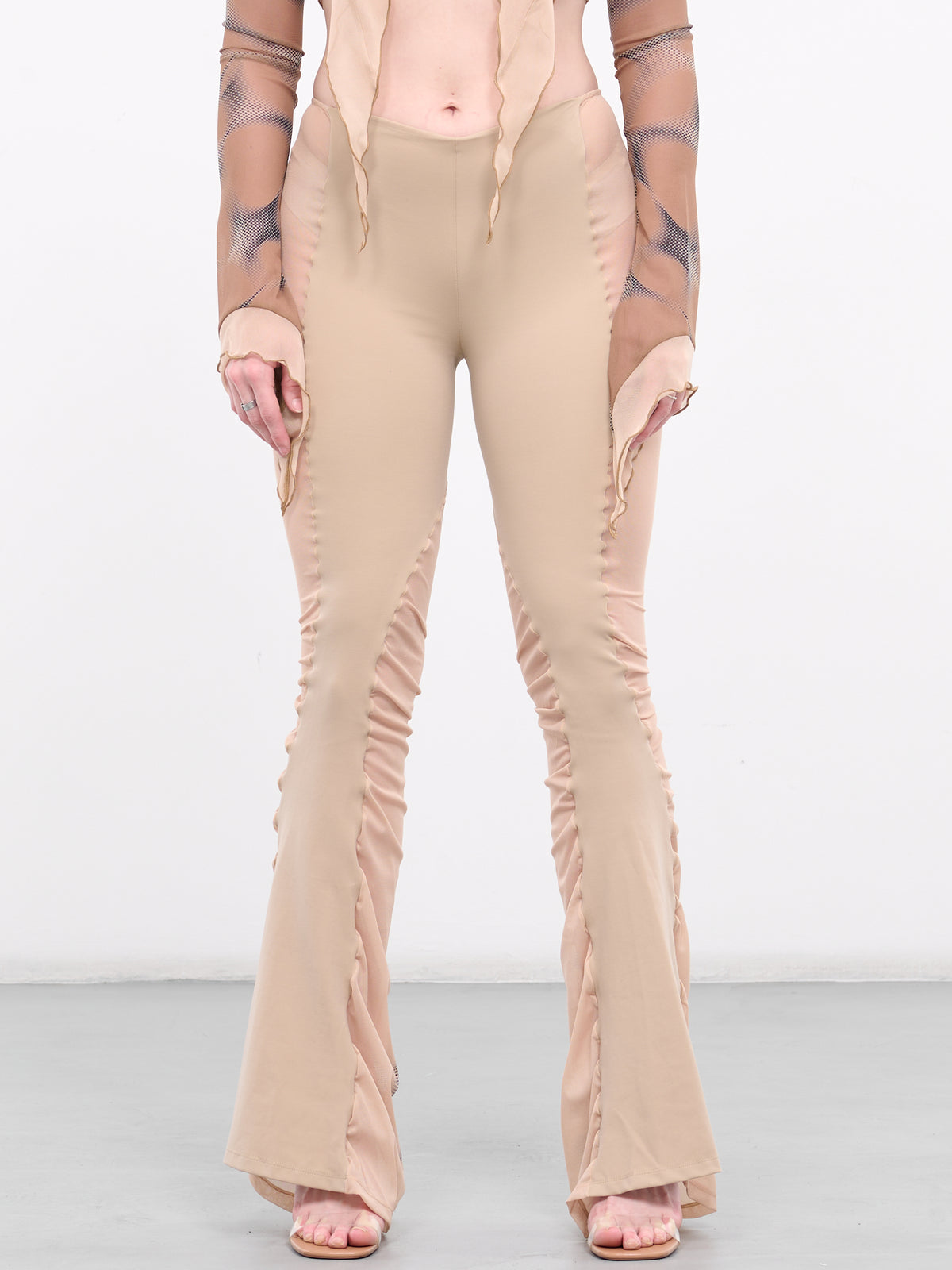 Mesh Paneled Flare Trousers (WV08-OATMEAL-W-PRINT)