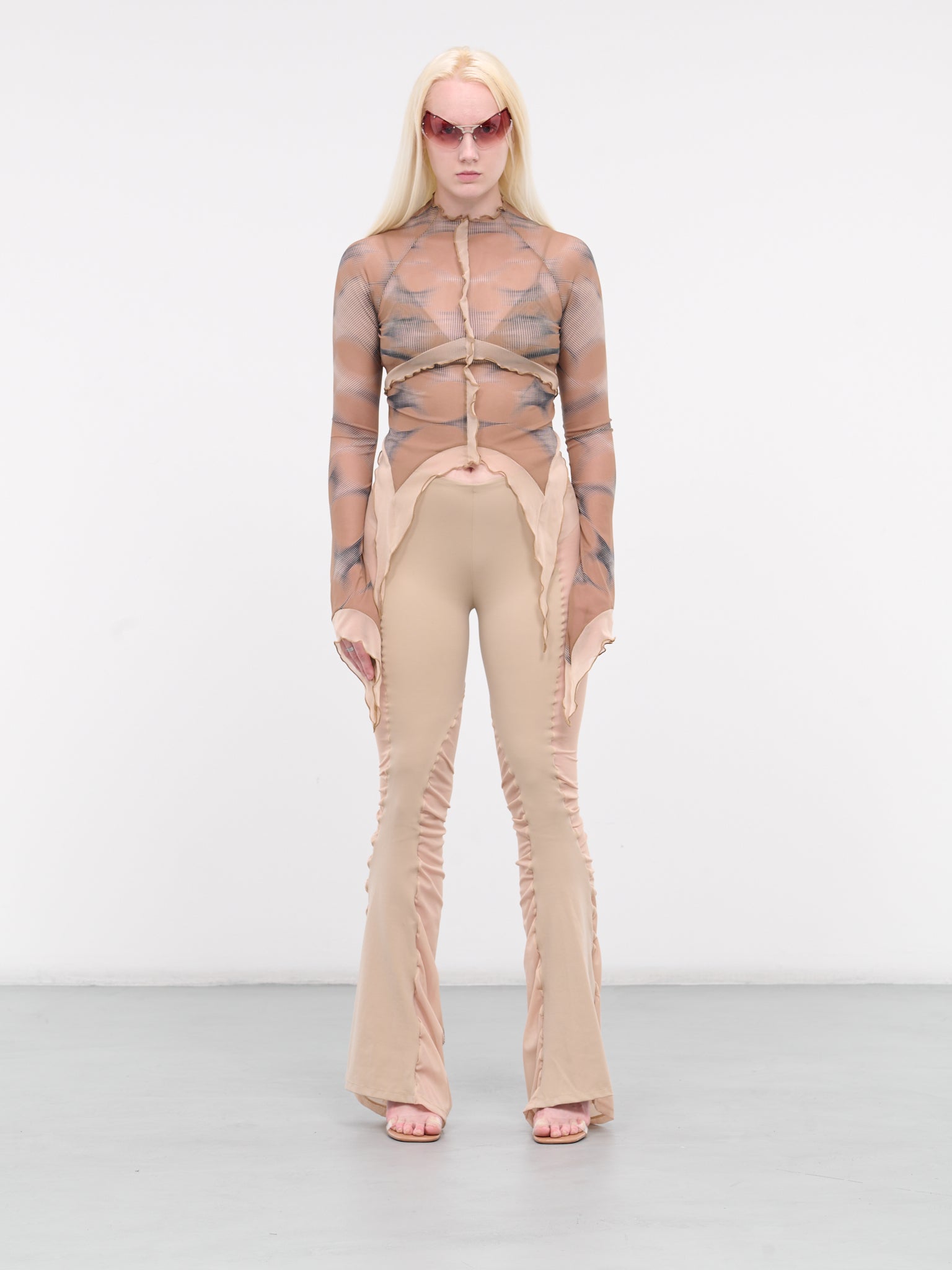 Mesh Paneled Flare Trousers (WV08-OATMEAL-W-PRINT)