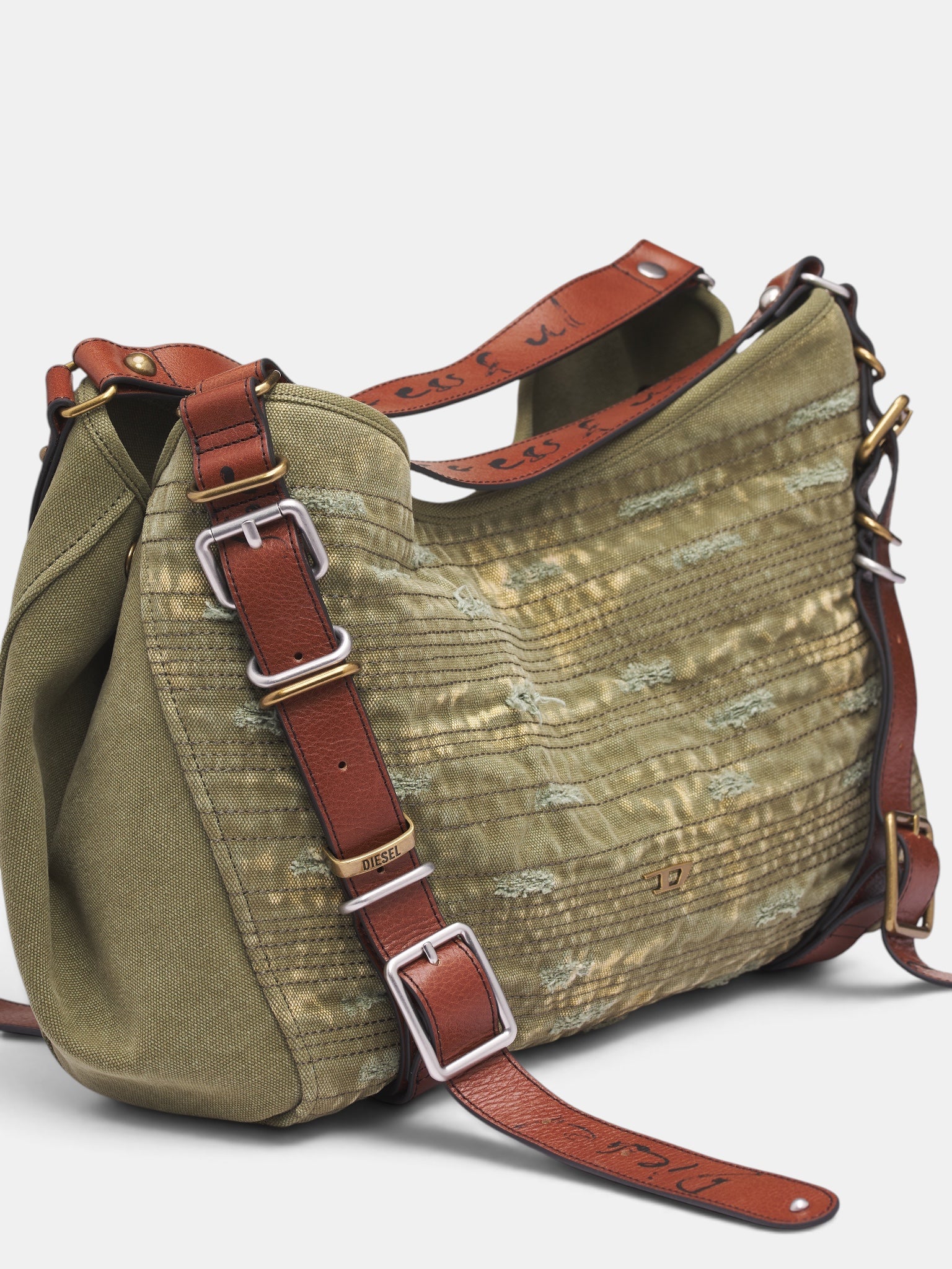 Green Distressed Stripe Bag (X10955-D-ONE-OLIVE-GREEN)