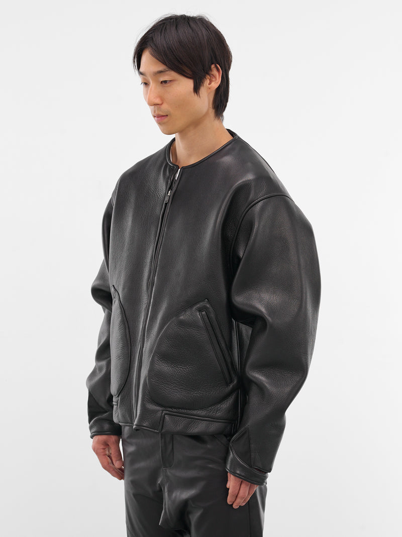 Black Leather Collarless Flight Jacket (XJ17V2-01NL-BLACK-LUSTER)