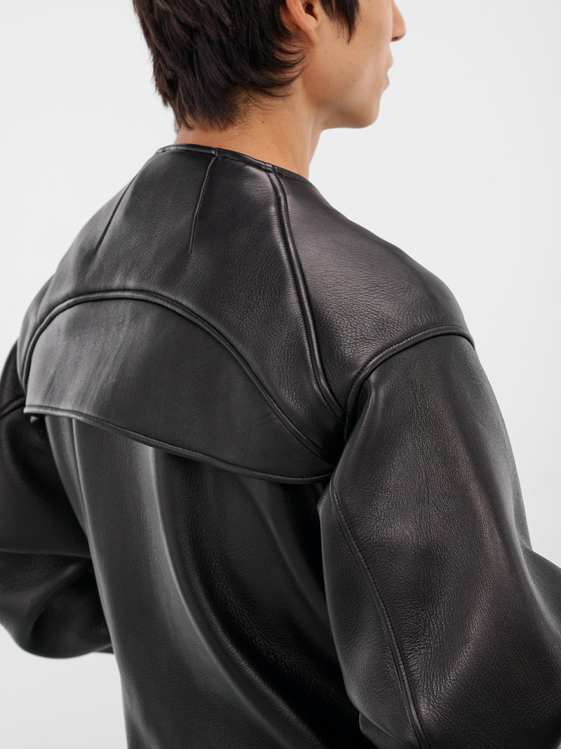 Black Leather Collarless Flight Jacket (XJ17V2-01NL-BLACK-LUSTER)