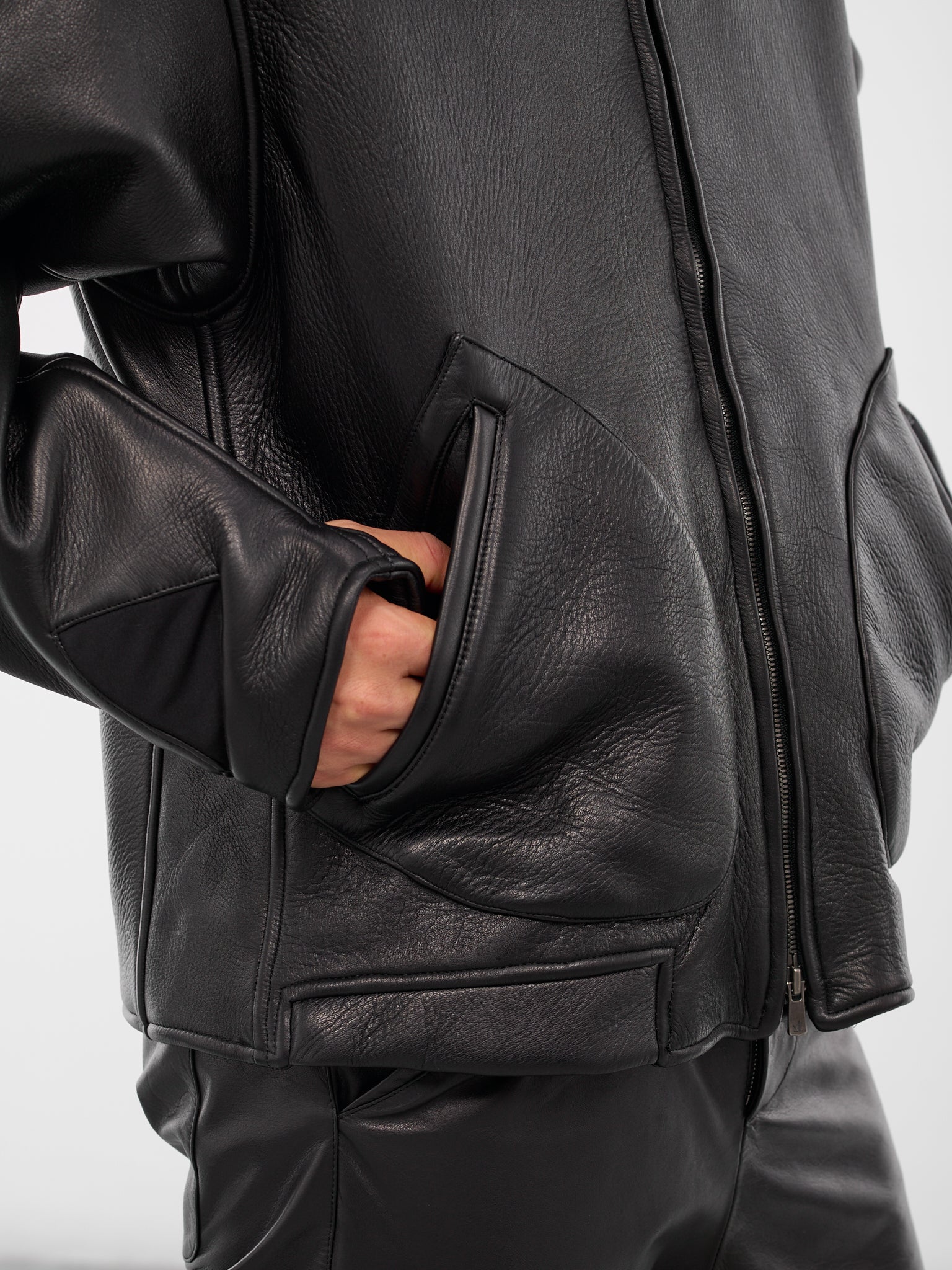 Black Leather Collarless Flight Jacket (XJ17V2-01NL-BLACK-LUSTER)