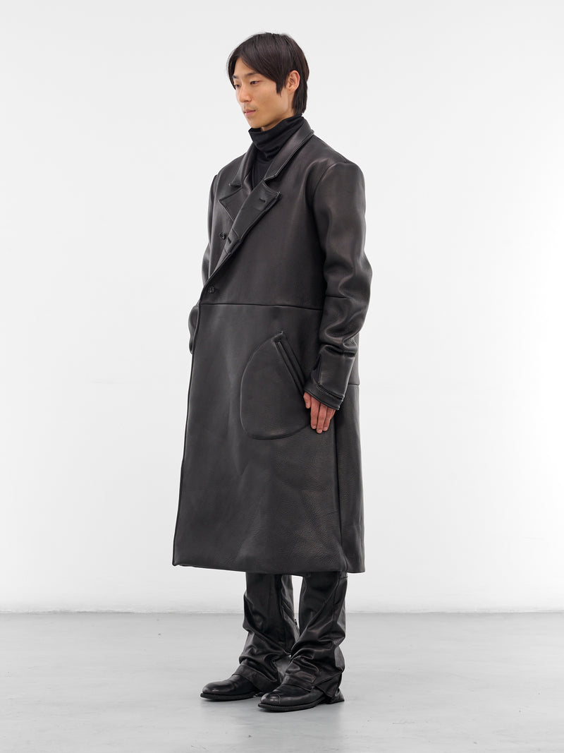 Black Double-Breasted Leather Coat (XJ9V2-01NL-BLACK-LUSTER)