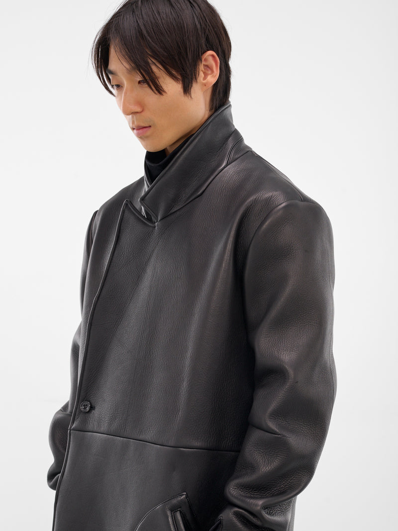 Black Double-Breasted Leather Coat (XJ9V2-01NL-BLACK-LUSTER)