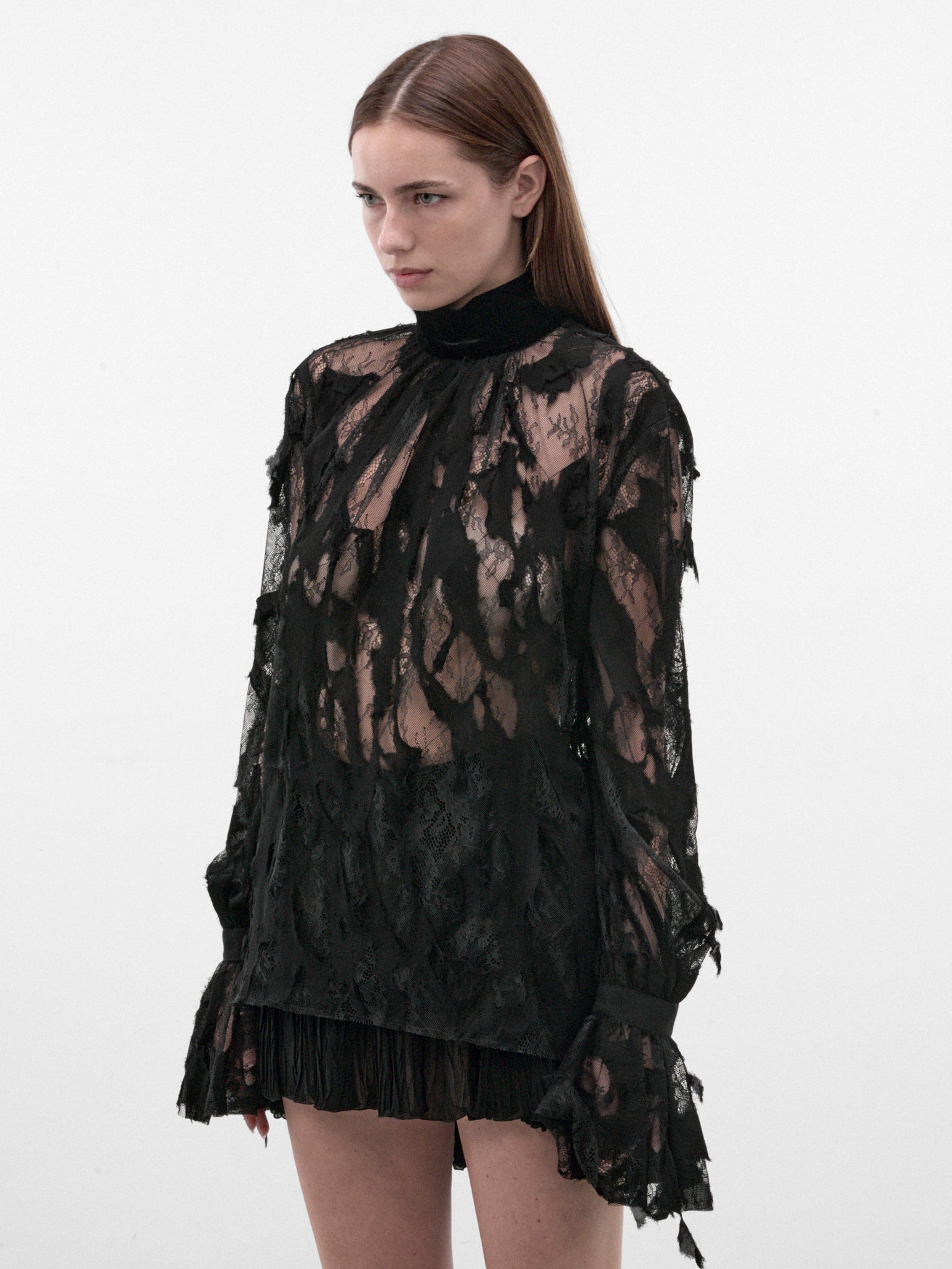 Black Lace Sheer Pattern Blouse (XWT702-RP074-BLACK)