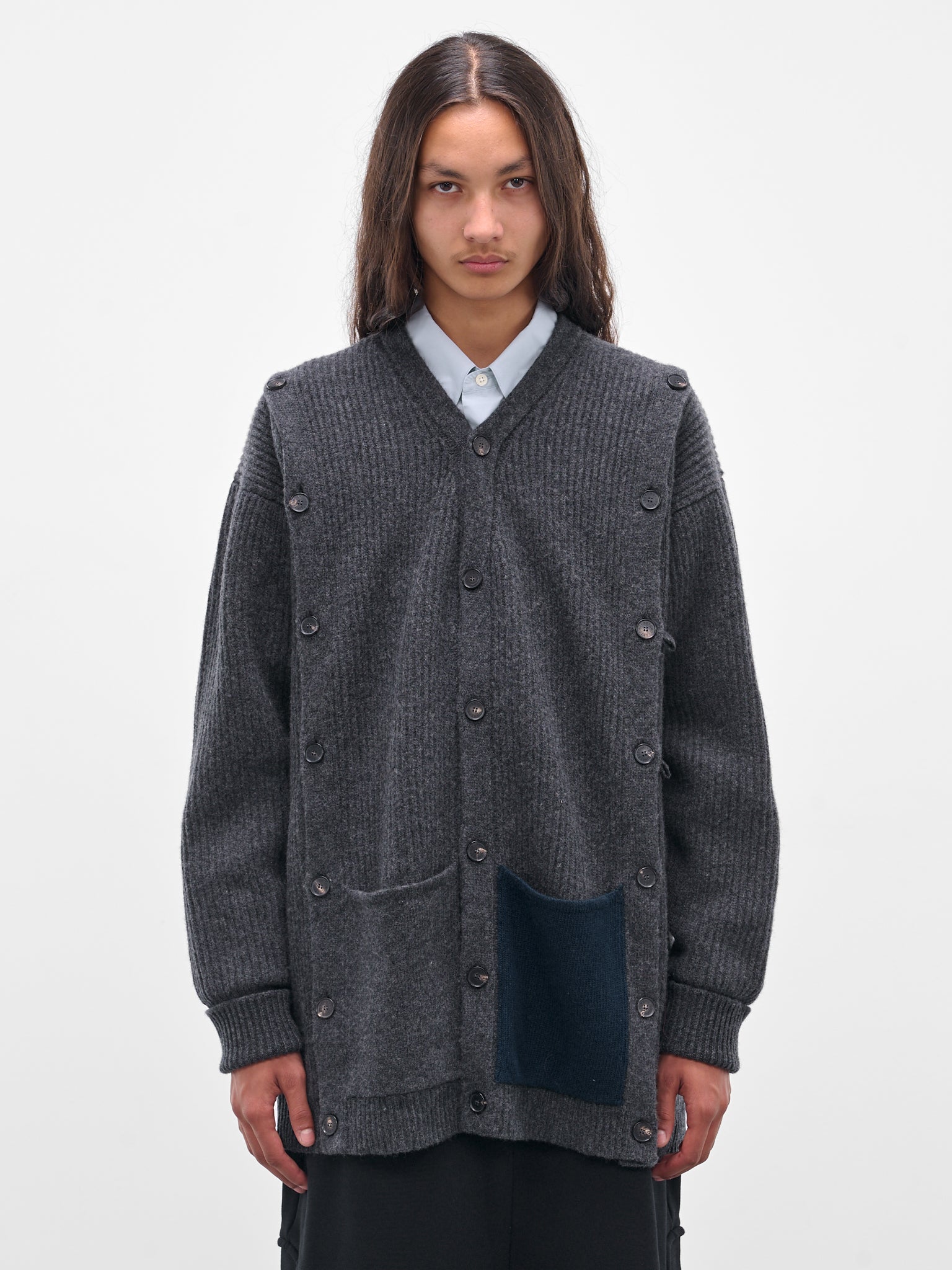 Gray Cashmere Rib-Knit Buttoned Cardigan (Y009-W020-GRAY)