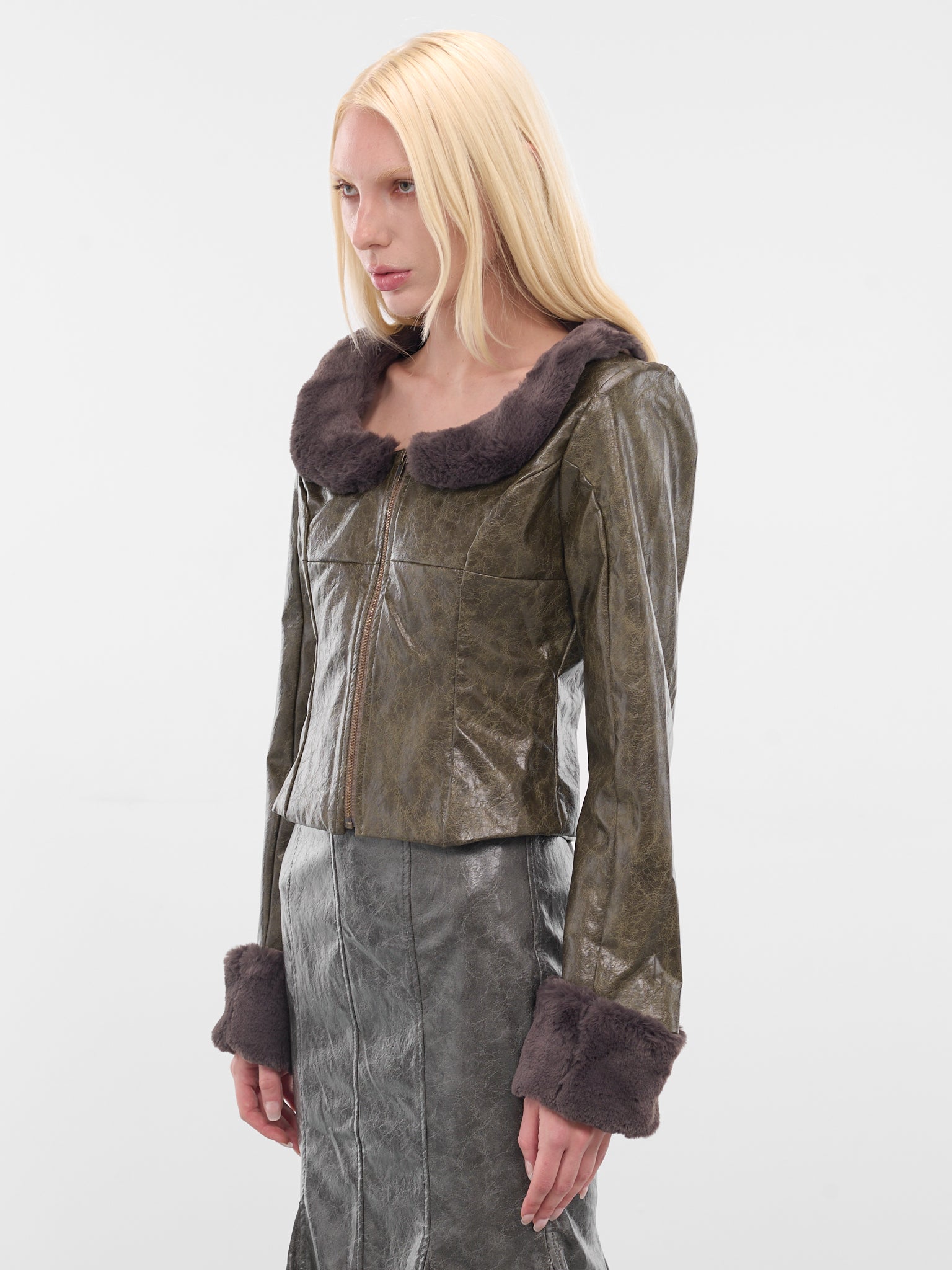 Brown Leather Shearling Trim Jacket (YR006OW0-POND-SCUM)