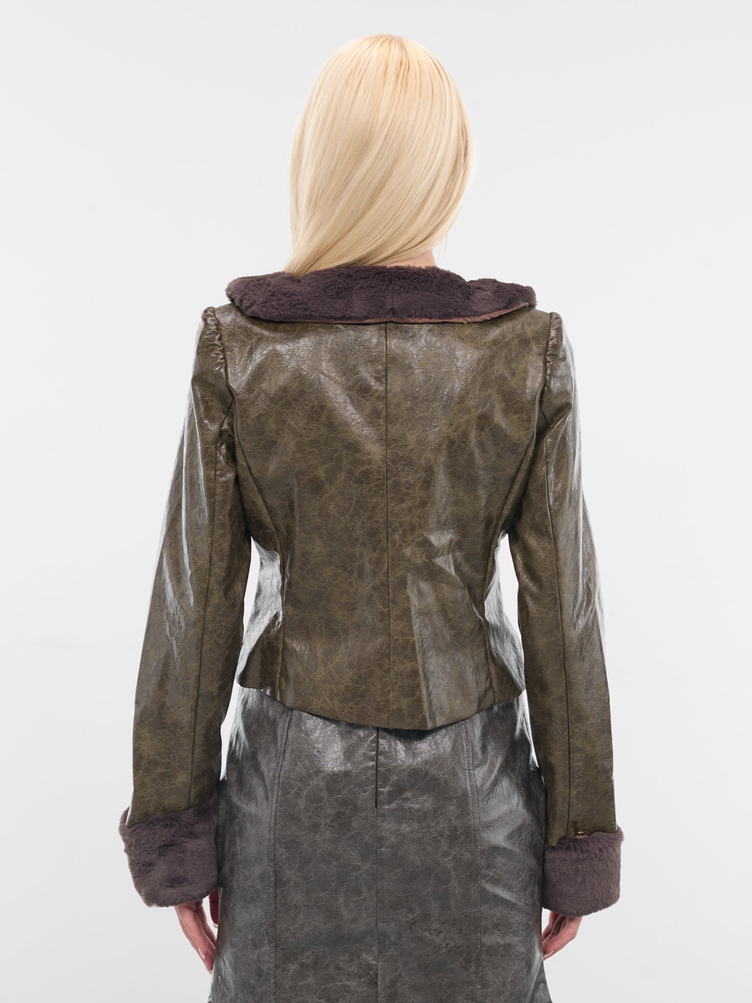Brown Leather Shearling Trim Jacket (YR006OW0-POND-SCUM)