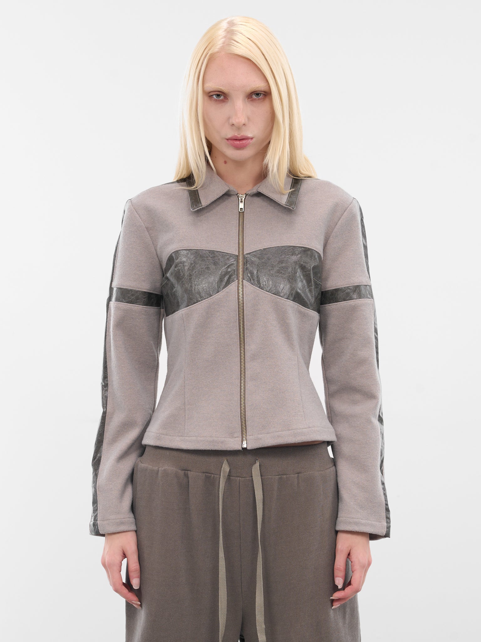 Beige Contrast Paneled Zip Jacket (YR006OW01-FLAX-COMBO)
