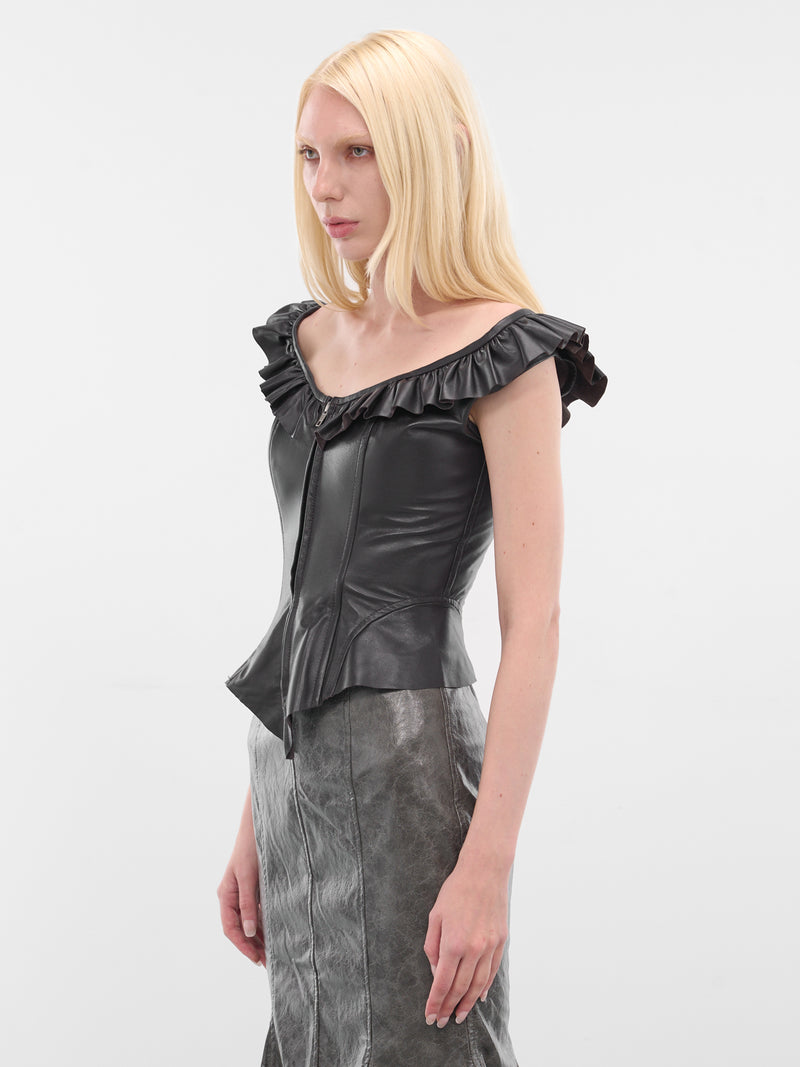 Black Frilled Leather Vest (YR006TP01-ENGINE-GREASE)