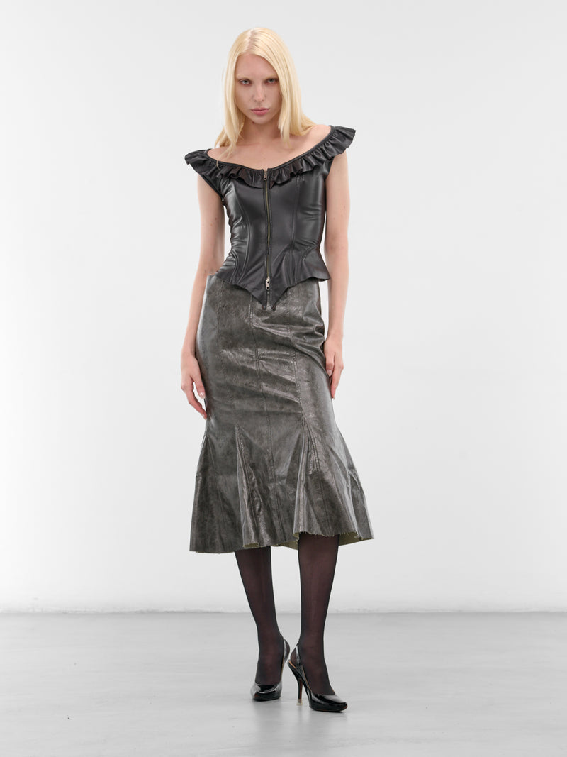 Black Frilled Leather Vest (YR006TP01-ENGINE-GREASE)