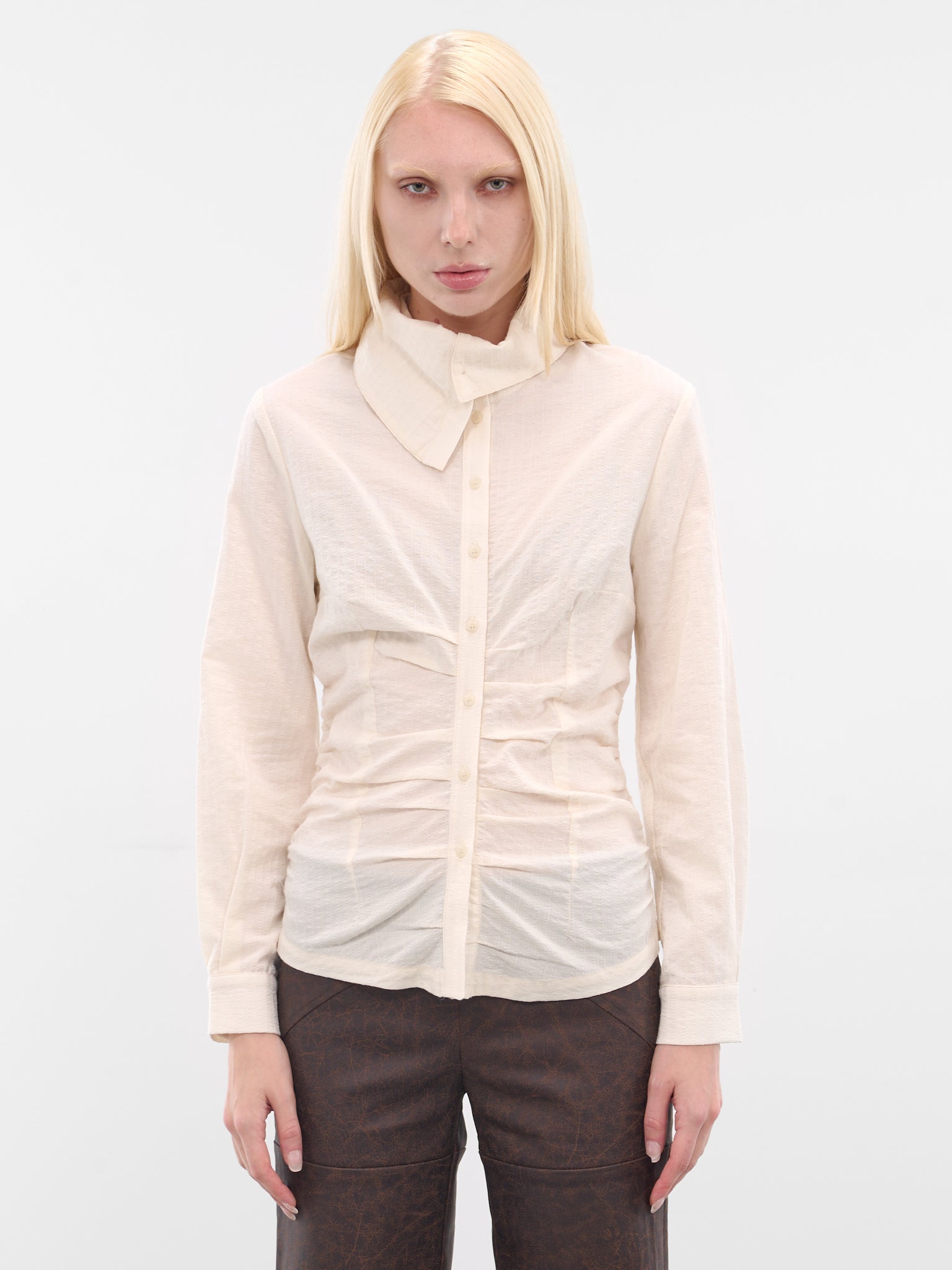 White Gathered Button-Up Shirt (YR006TP02-RAW-MILK)