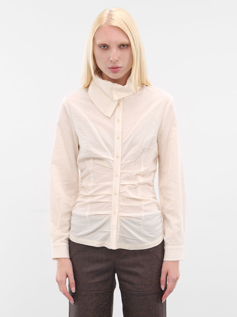 White Gathered Button-Up Shirt (YR006TP02-RAW-MILK)