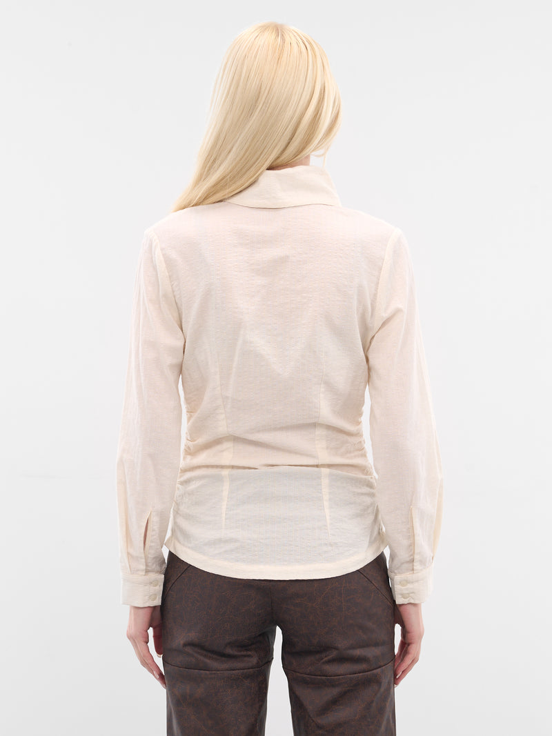 White Gathered Button-Up Shirt (YR006TP02-RAW-MILK)