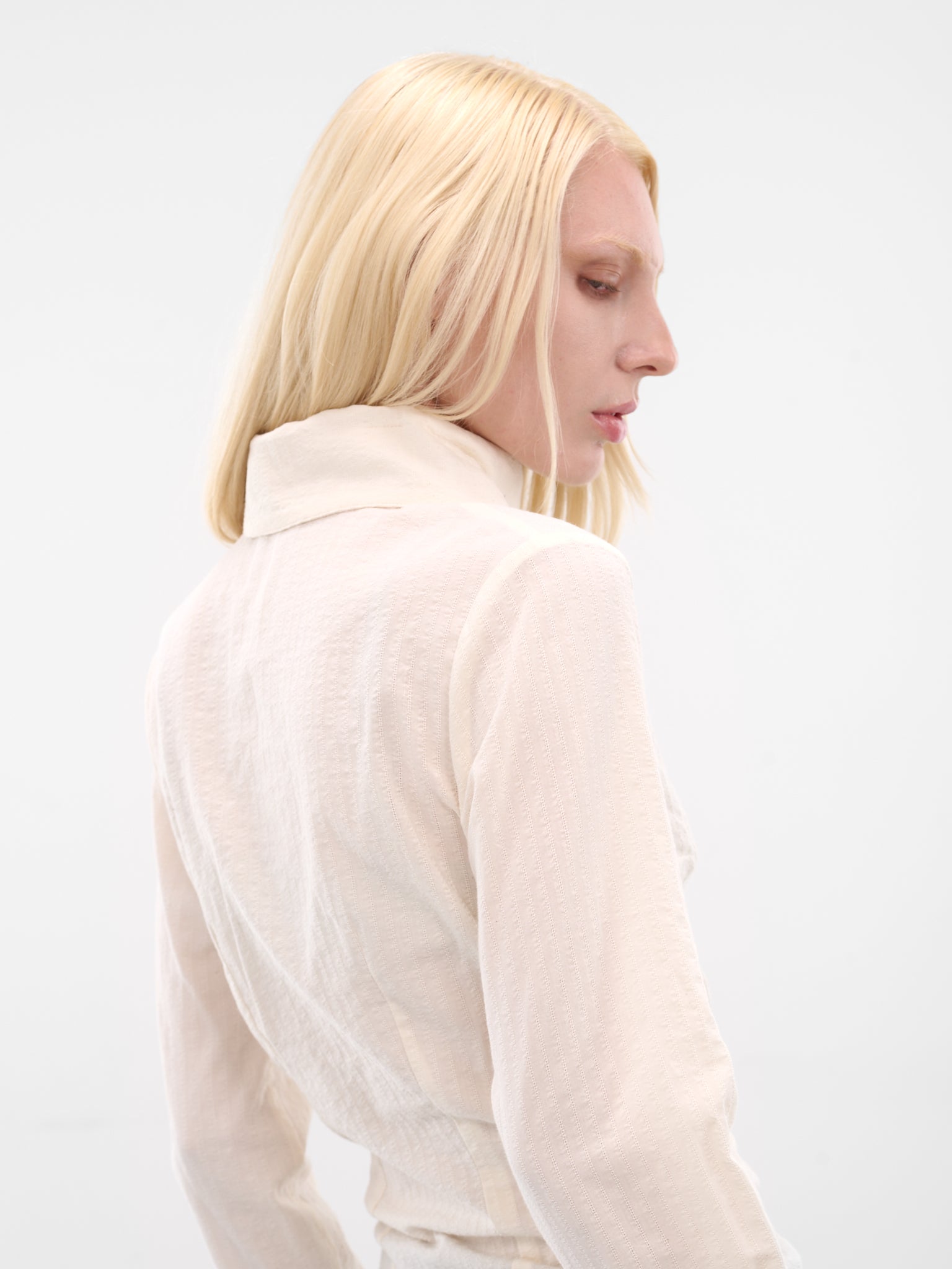 White Gathered Button-Up Shirt (YR006TP02-RAW-MILK)