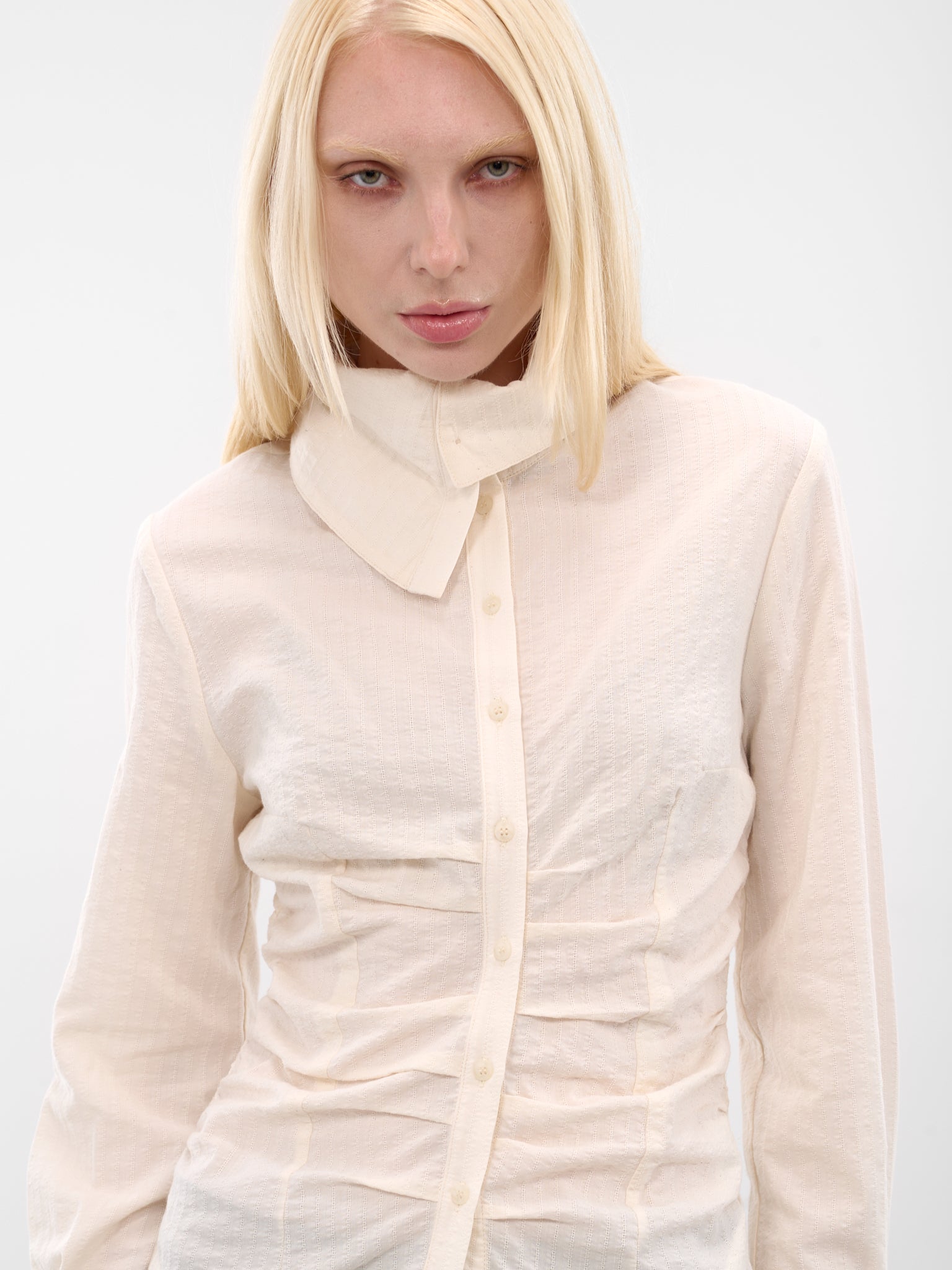 White Gathered Button-Up Shirt (YR006TP02-RAW-MILK)