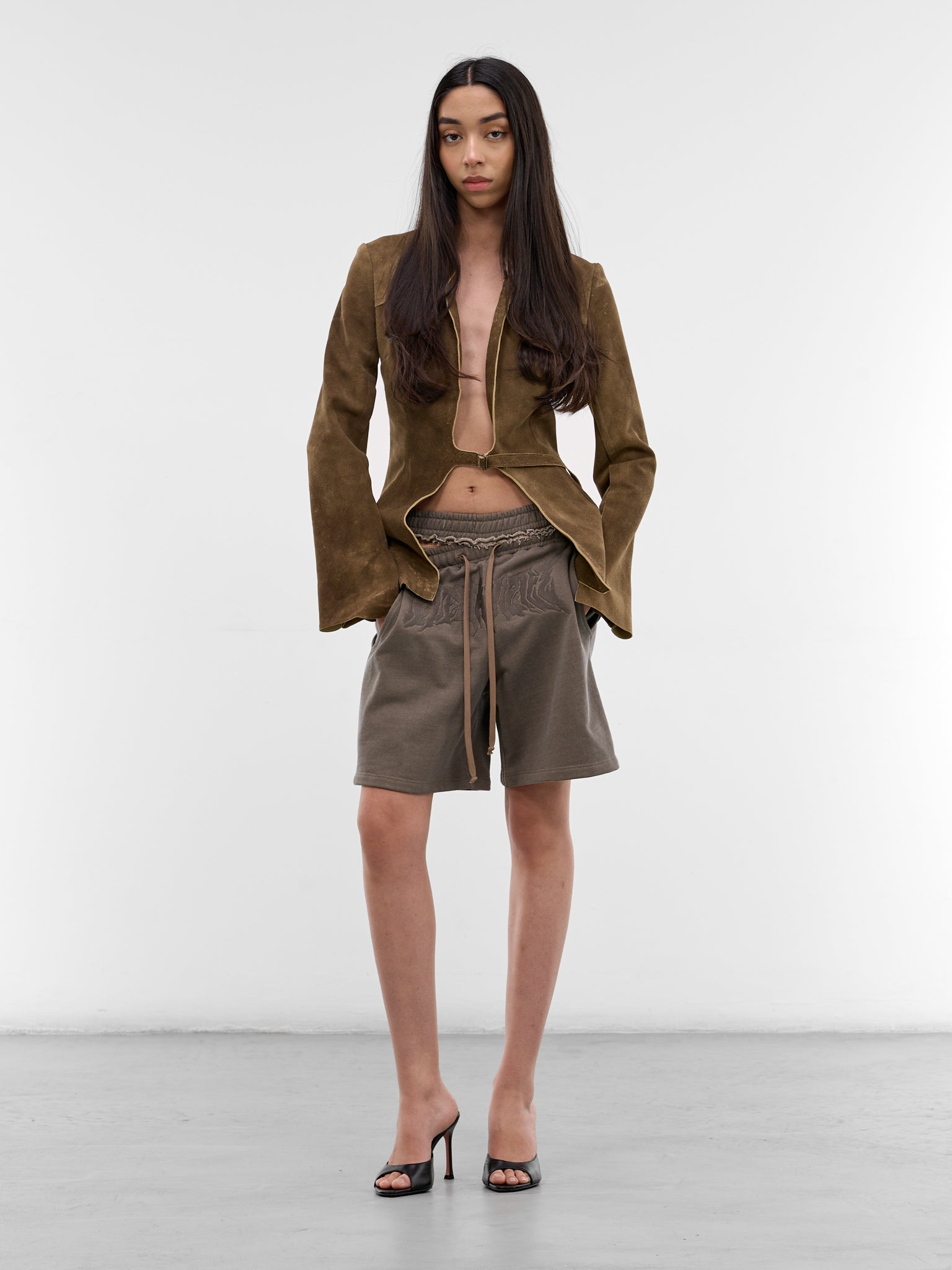 Brown Split Band Logo Sweatshorts (YR007TR06X-BARN-DUST)