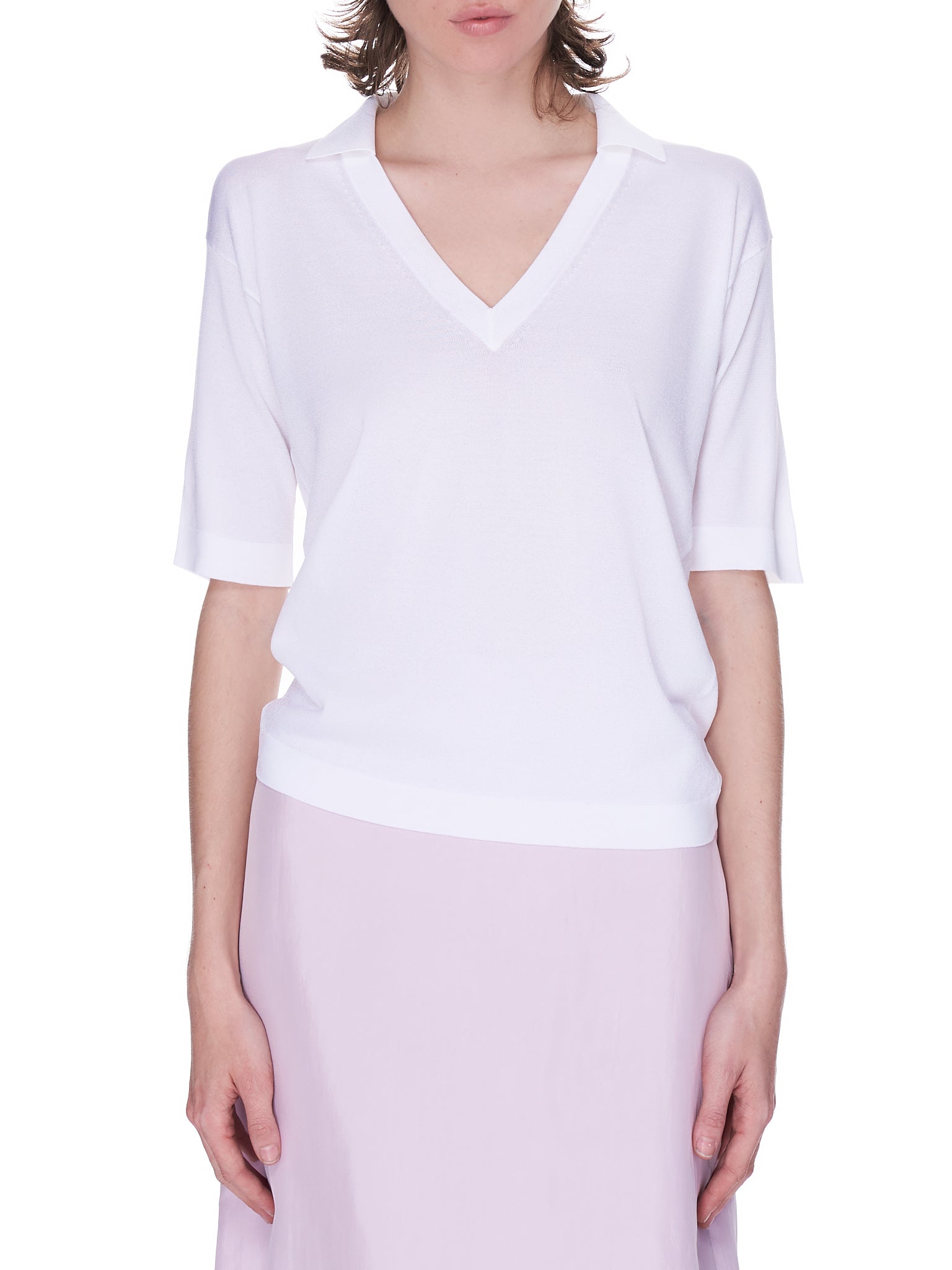 V-Neck Polo Top (21EMPU021ML0476-WHITE)