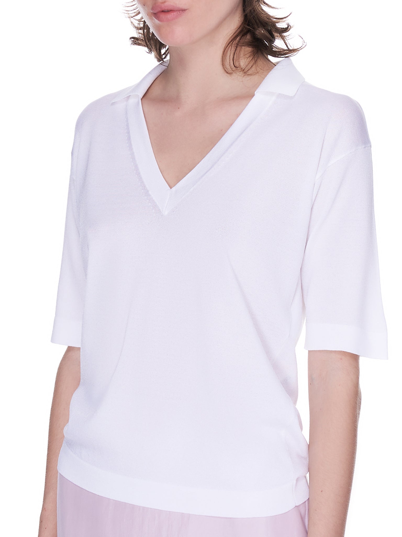 V-Neck Polo Top (21EMPU021ML0476-WHITE)