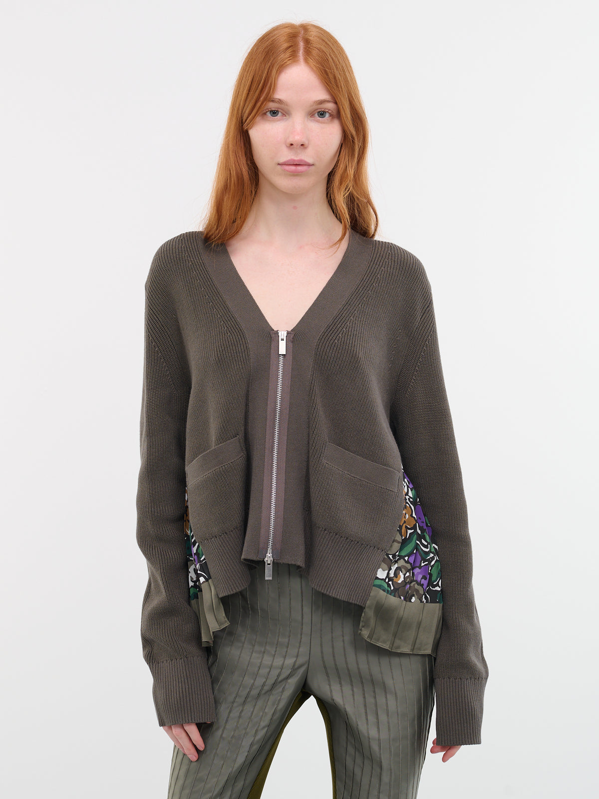 Paneled Knit Cardigan (23-06659-524-KHAKI-PURPLE)