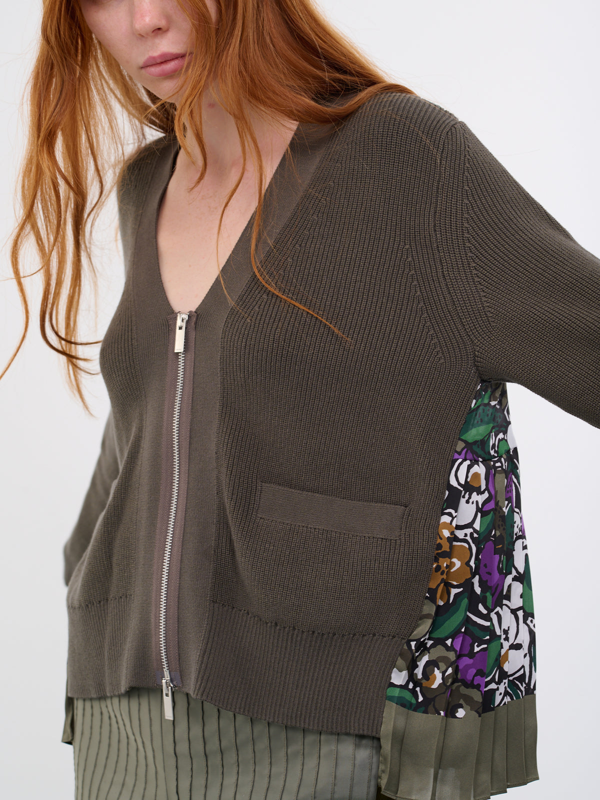 Paneled Knit Cardigan (23-06659-524-KHAKI-PURPLE)