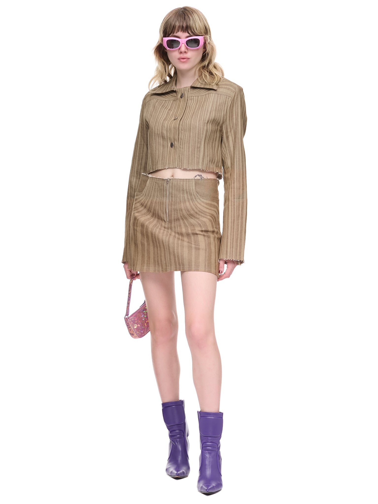 Lazered Denim Mini Skirt (DE3-BR-BROWN-DENIM)