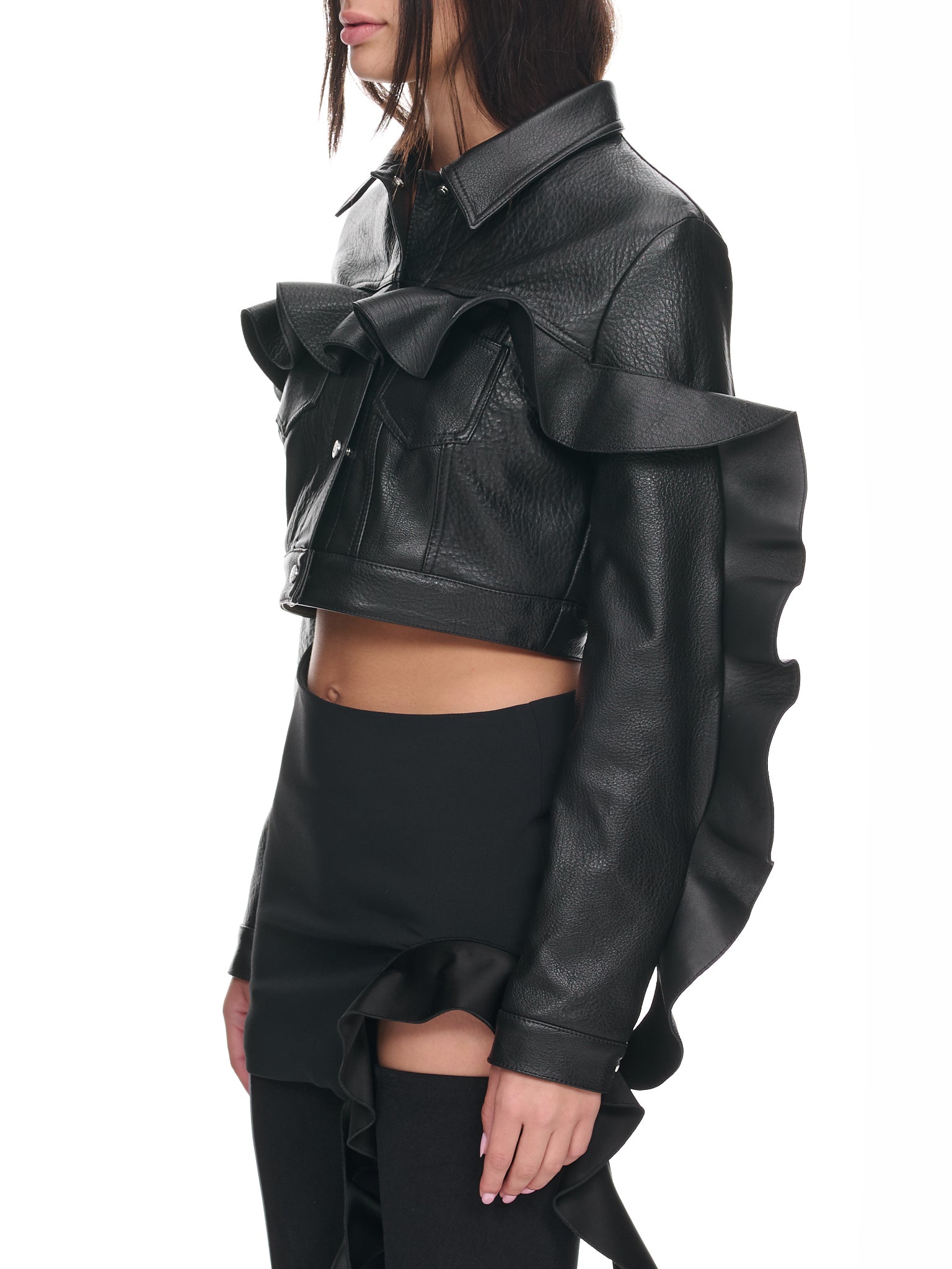 Ruffle Leather Jacket (RE23DK24J-BLACK)