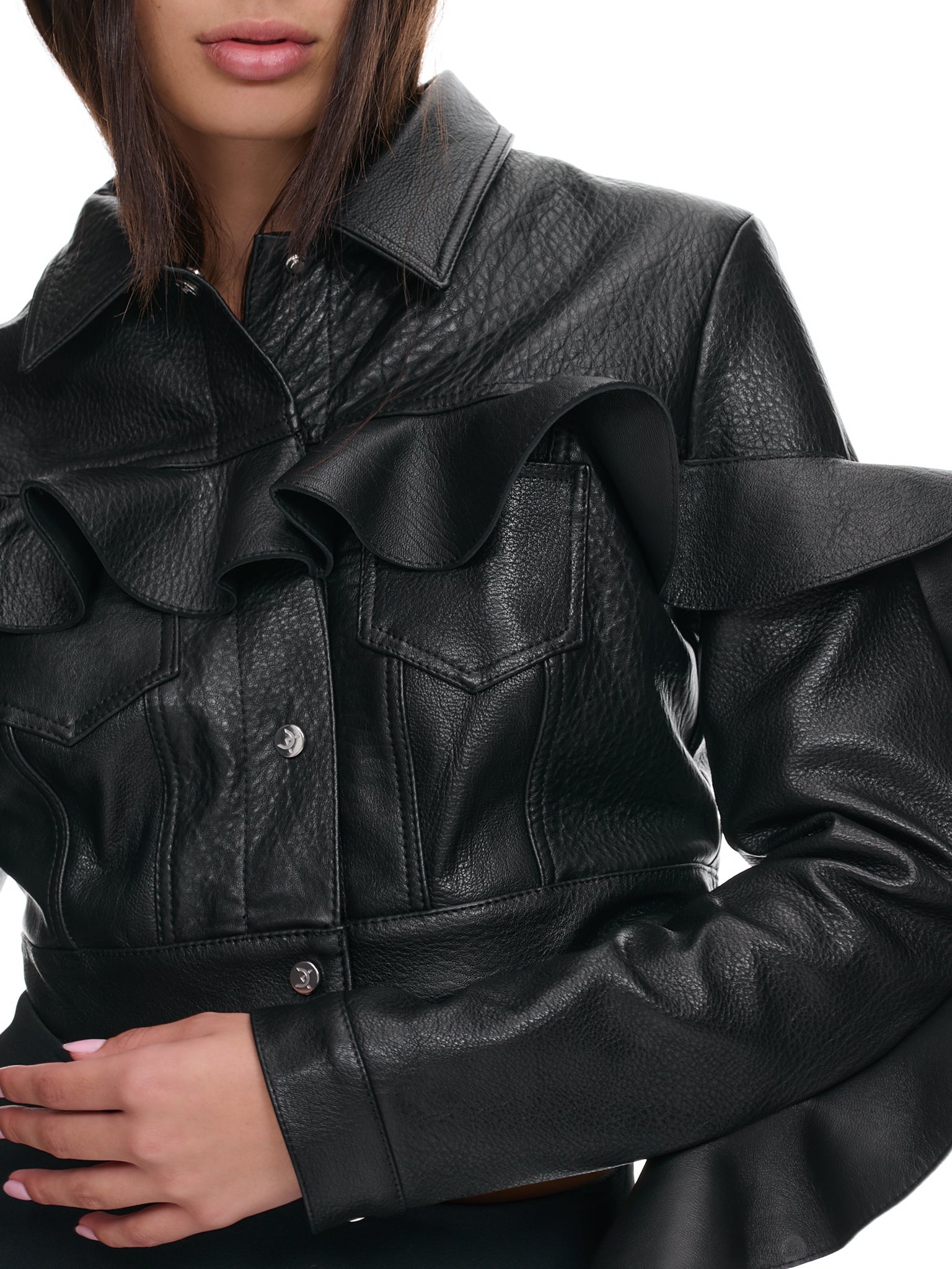 Ruffle Leather Jacket (RE23DK24J-BLACK)