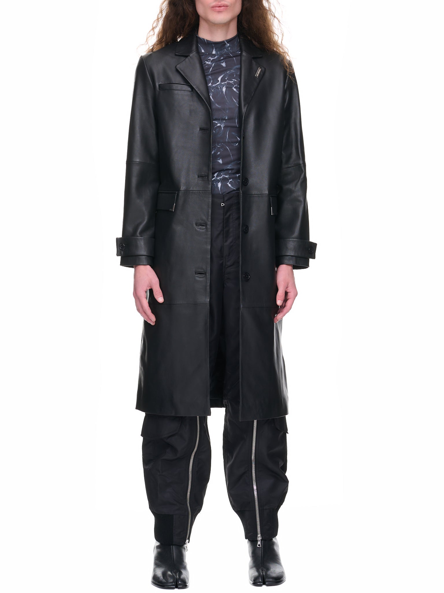 Leather Single-Breasted Coat (W-132469-BLACK)
