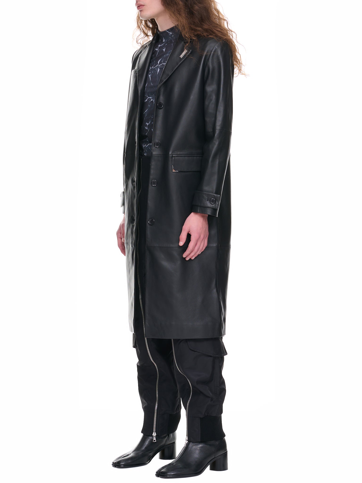 Leather Single-Breasted Coat (W-132469-BLACK)