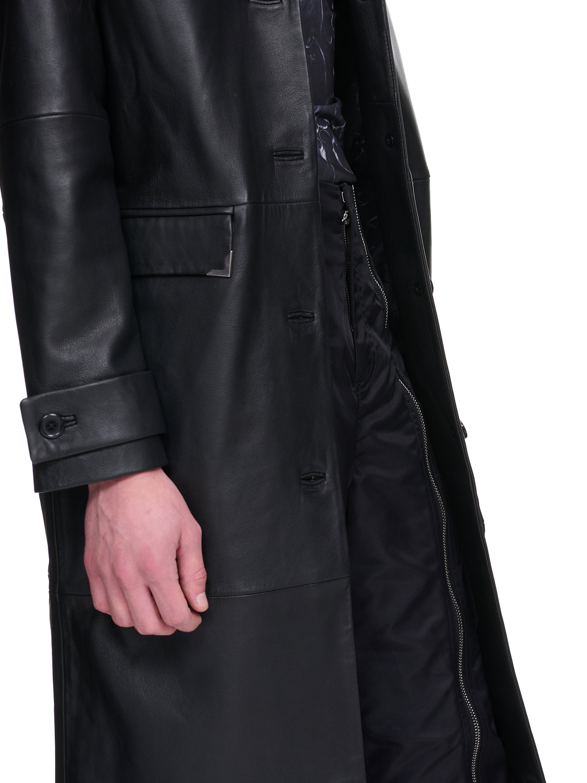 Leather Single-Breasted Coat (W-132469-BLACK)