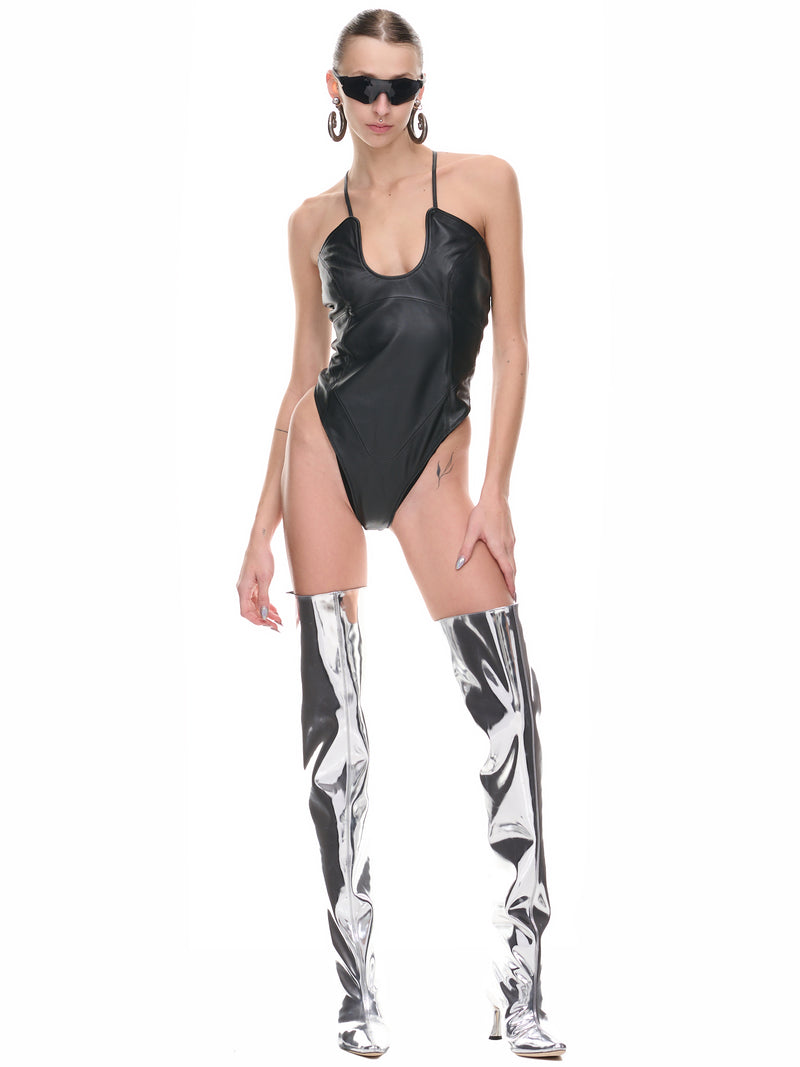 Cut-Out Leather Bodysuit (W-132807-BLACK)